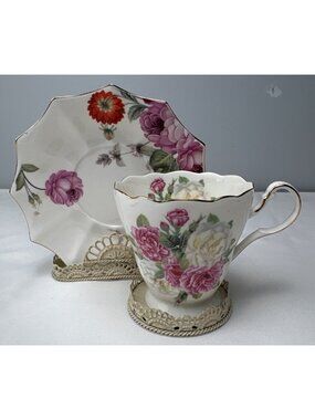 Floral China Teacup & Saucer Set Gold Trim Romantic Rose Pattern